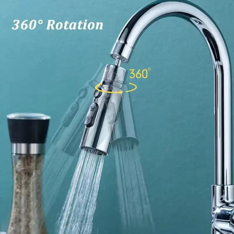 720° vridbart spruthuvud för köksblandare – 3-läges kranmunstycke i silver med Aqua-Blade, spray & stråle – enkel installation & flexibel rengöring