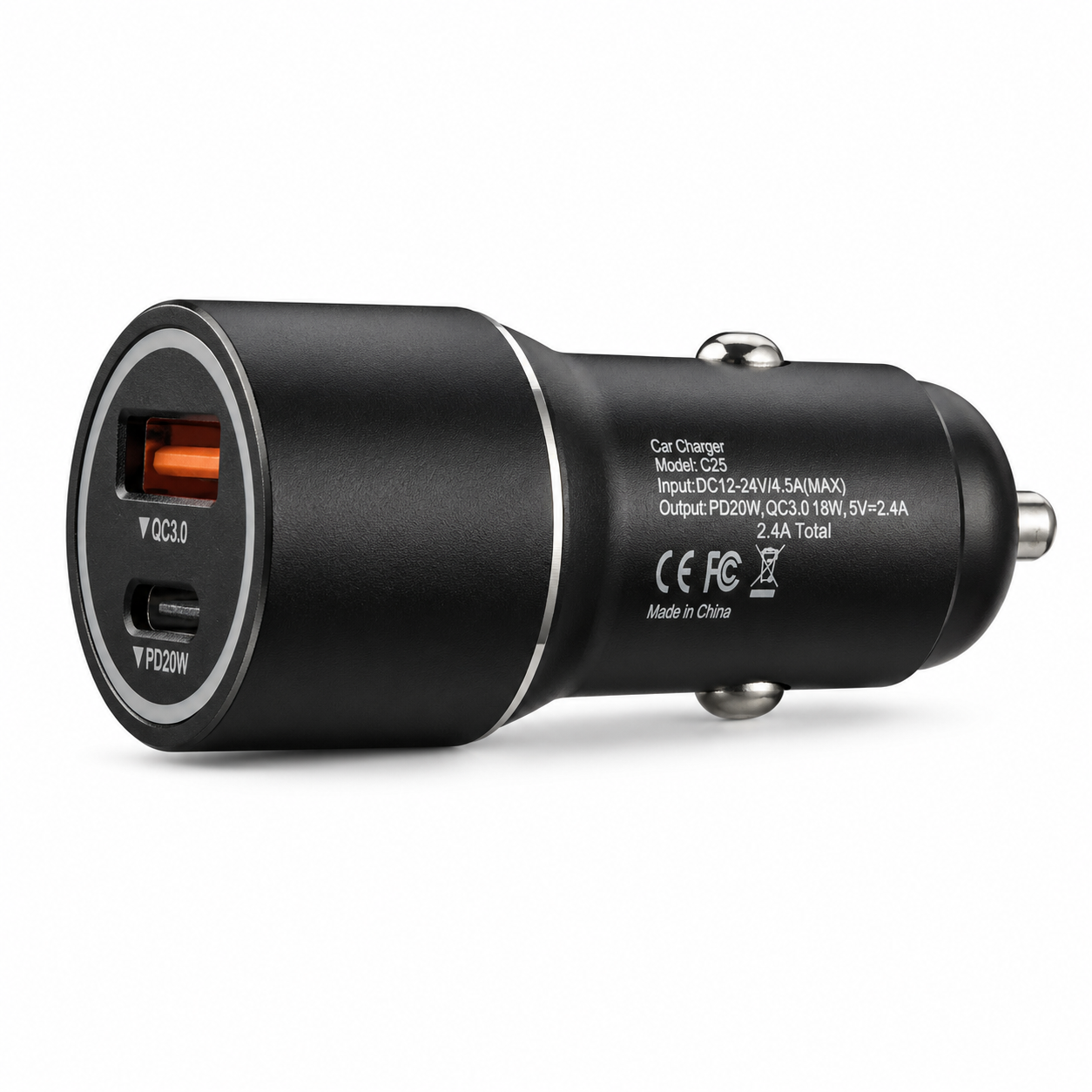 Snabbladdande Billaddare 20W USB-C PD & QC3.0