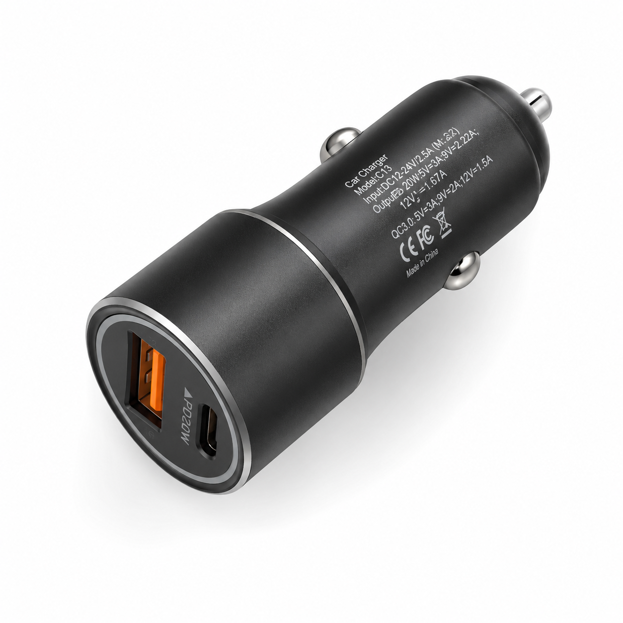Snabbladdande Billaddare 20W USB-C PD & QC3.0